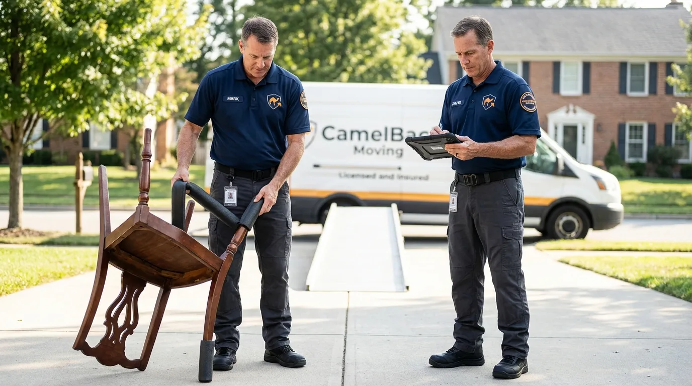 Movers inspecting furniture for damage prevention before loading in Neptune Beach, FL