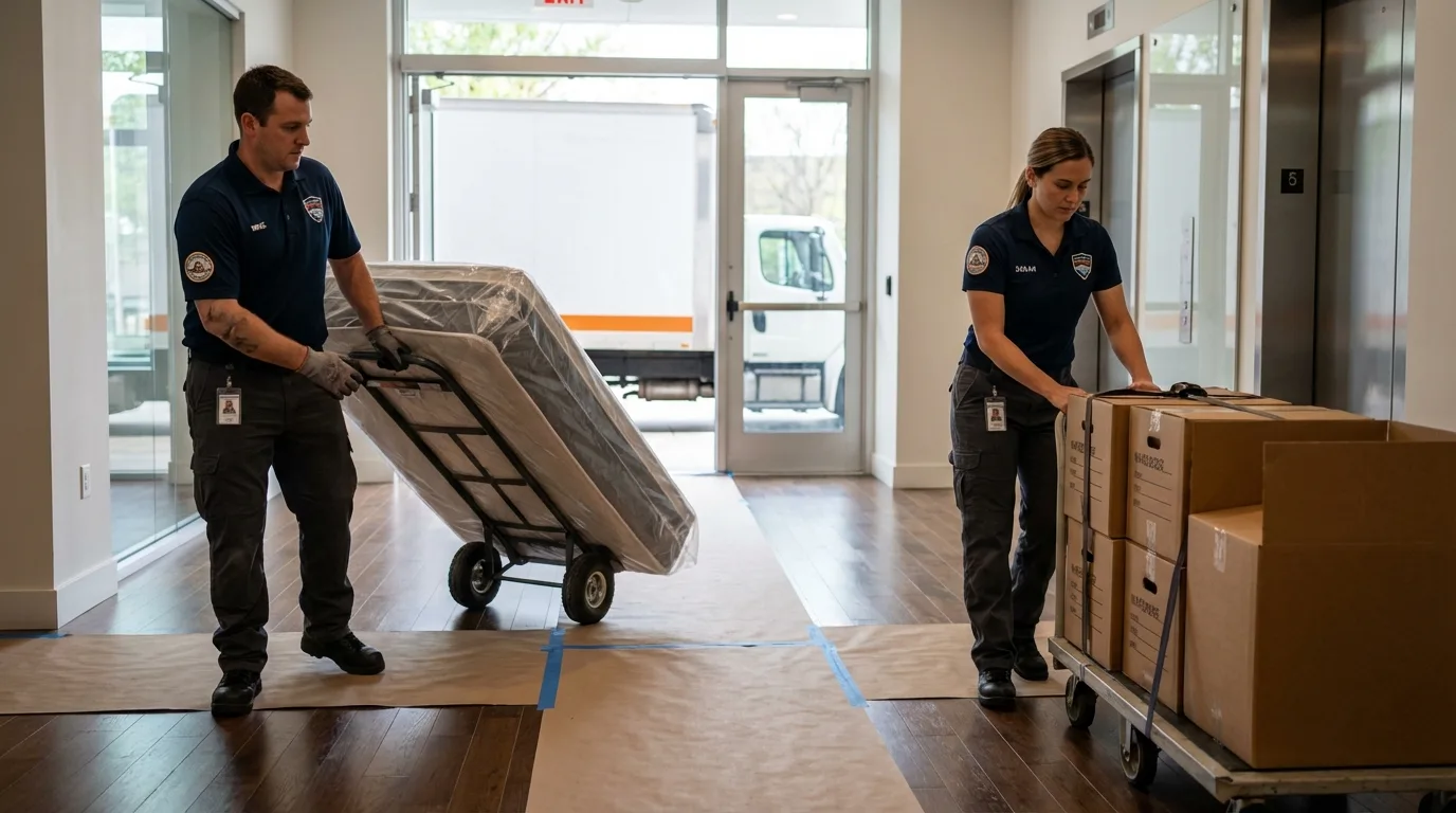 Professional apartment movers loading elevator in Neptune Beach, FL