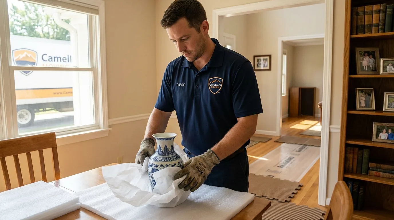 Professional crew carefully wrapping antique vase for senior downsizing move in Neptune Beach, FL